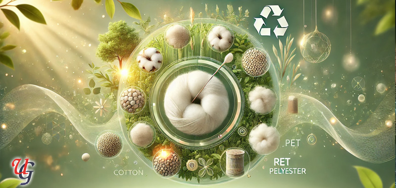 A creative and informative website slider showcasing sustainable fiber usage with cotton, flax, recycled PET, and wool fibers, featuring eco-friendly recycling icons.