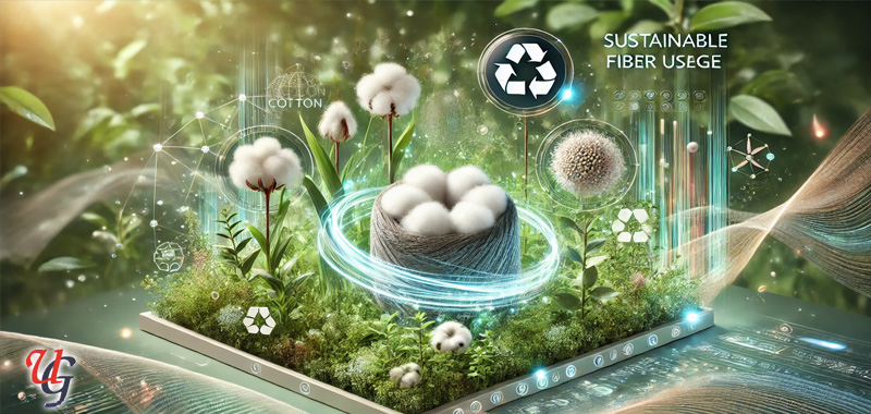 A highly interactive and visually stunning website slider highlighting sustainable fibers, including spinning yarn cones, natural fibers, and recycling symbols, set against a green nature background.