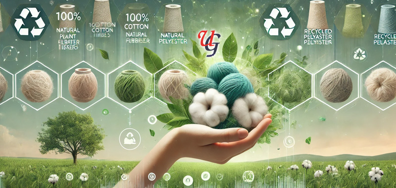 An engaging and interactive website slider for sustainable fiber usage, displaying 100% cotton yarn cones, natural plant fibers, recycled PET polyester, and wool with floating eco-icons