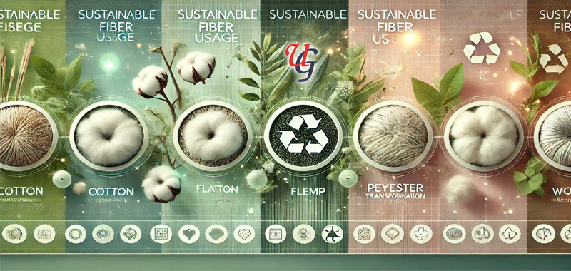 A captivating slider image for sustainable fiber usage, featuring fluffy raw cotton, hemp, recycled PET polyester strands, and wool, with a spinning cotton yarn cone and floating sustainability icons